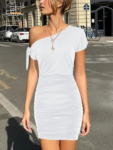Miniatura 7 de Vestido corto de manga corta para mujer, con un hombro descubierto, fruncido y fruncido, para club, fiesta