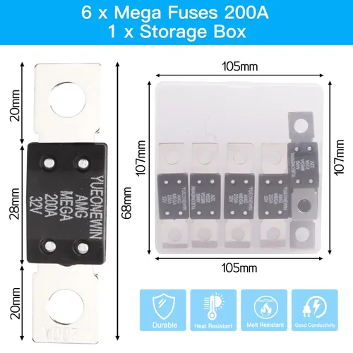 Miniatura 2 de Fusibles MEGA/AMG de 200 A, 6 fusibles de alta corriente de 200 A MEGA/AMG, con retardo de tiempo de fusibles automáticos para automóviles