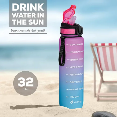 Miniatura 4 de Botella de agua motivacional de 32 onzas con marcador de tiempo, botella deportiva con boquilla para mantenerte hidratado todo el día, a prueba