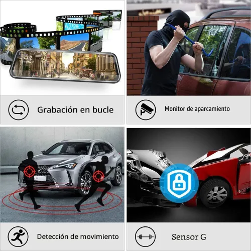 Miniatura 5 de Espejo retrovisor mejorado de 10 pulgadas, cámara de salpicadero frontal y trasera, cámara de respaldo de 1080P, pantalla táctil completa