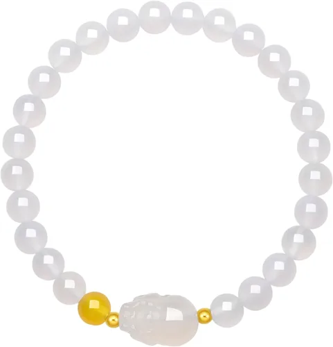 Miniatura 7 de Pulseras de oro de 18K con cuentas de calcedonia, pulsera con amuleto Pixiu, pulsera elástica natural con cuentas redondas de calcedonia
