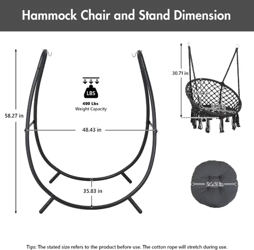 Miniatura 3 de ANOW Silla Columpio con Soporte Incluido, Silla Colgante para Exterior con Soporte y Cojín de Asiento Desmontable, Peso Máximo 400 Libras, Gris Gris