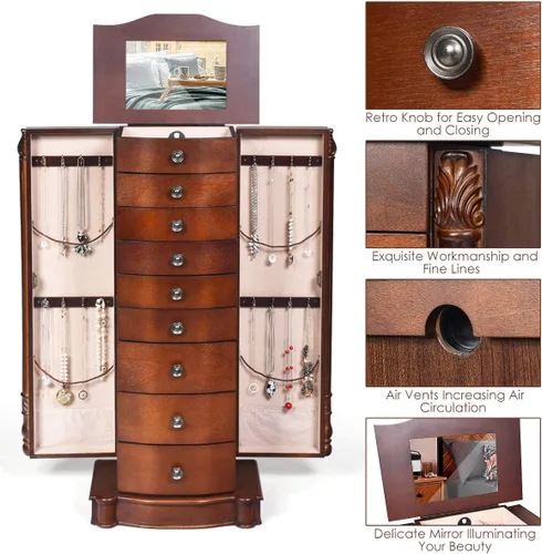 Miniatura 6 de Giantex Armario de joyería grande con 8 cajones y 2 puertas oscilantes 16 ganchos cajas de espejo superior soporte de pecho de almacenamiento