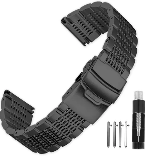 Correa de reloj de acero inoxidable de 0.709 in, 0.787 in, 0.866 in, 0.945 in, correa de reloj de malla pulida sólida de metal plateado y negro con