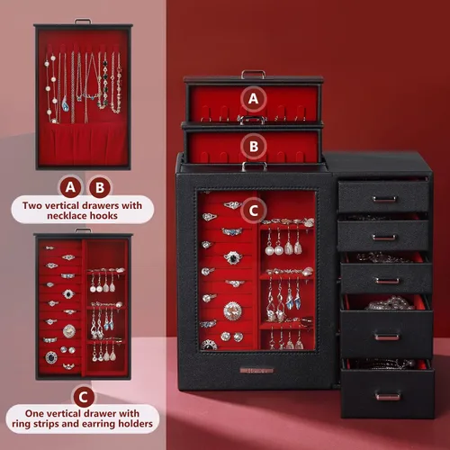 Miniatura 3 de Homde Joyero grande con ventana de cristal cajones para collares aretes anillos pulseras relojes regalo para mujeres y niñas