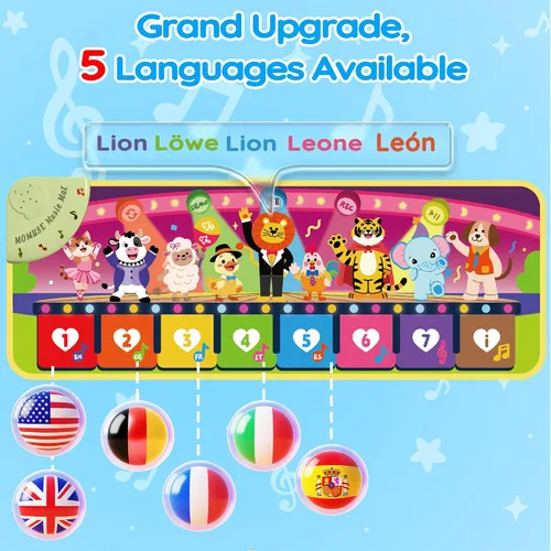 Miniatura 3 de MOMUSE - Alfombrilla de piano musical en 5 idiomas (EN/DE/FR/IT/ES) para niños y niñas de 3 a 4 años, juguete educativo multilingüe con 9 animales