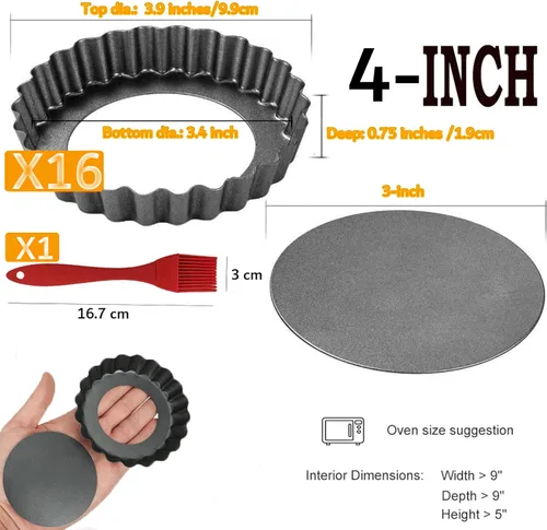 Miniatura 2 de DATANYA Paquete de 16 mini moldes para tartas de 4 pulgadas con parte inferior extraíble redonda antiadherente para quiche, moldes para tartas