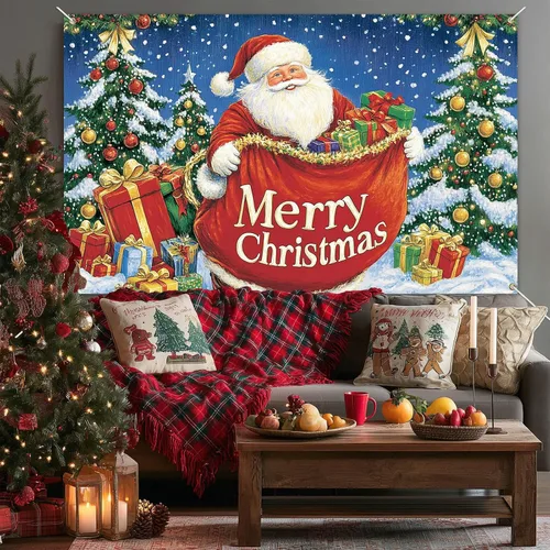 Miniatura 4 de HOMETITUTE Cartel de Feliz Navidad de Papá Noel de 71 x 43 pulgadas, telón de fondo navideño con bolsa de regalo y árbol de Navidad para interiores