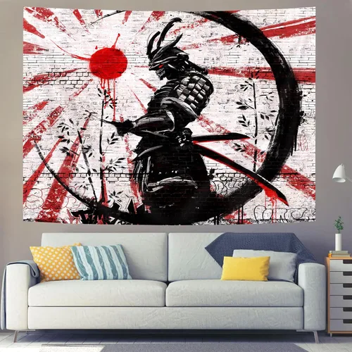 Miniatura 5 de iTapnoom Tapiz decorativo de arte samurái japonés para colgar en la pared para dormitorio, póster de anime rojo y negro con sol y luna para hombres