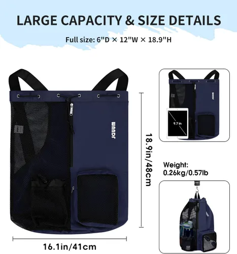 Miniatura 5 de WANDF Mochila de Malla con Cordón para Natación, con Bolsillo para Artículos Húmedos, para Natación, Gimnasio y Equipo de Entrenamiento Azul oscuro