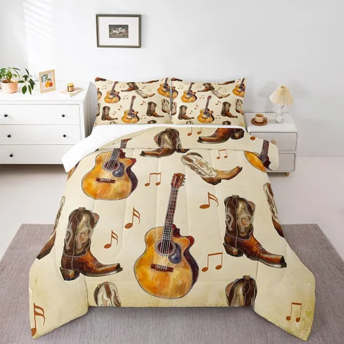 Miniatura 2 de Castle Fairy Juego de edredón de botas de vaquero, tamaño individual, juego de ropa de cama bohemio con guitarra musical para niños y niños