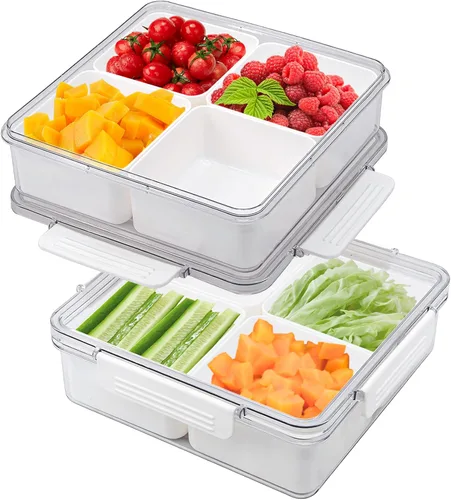 Paquete de 2 bandejas divididas para verduras con tapa, caja para aperitivos, contenedor para servir ensaladas con 4 cajas extraíbles, apilables,