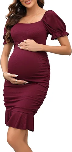 BeautyNee Vestido de maternidad de manga corta abombada para mujer, cuello cuadrado, dobladillo con volantes, vestido ajustado para baby shower