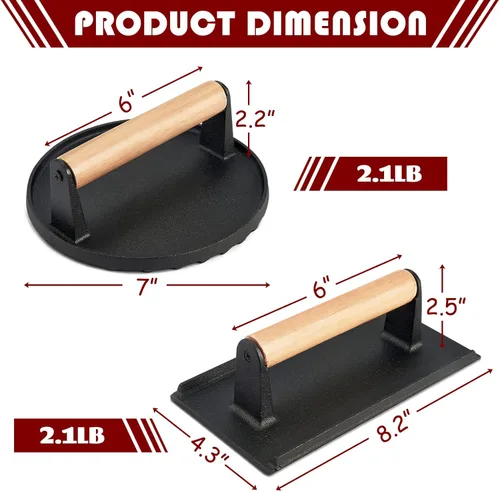 Miniatura 2 de HaSteeL Prensa de tocino de hierro fundido, prensa de hamburguesa para plancha Teppanyaki de parte superior plana, prensa redonda resistente de 7