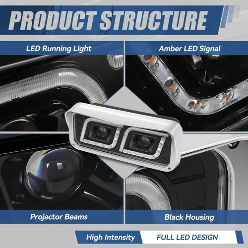Miniatura 2 de Auto Dynasty Luces LED DRL para faros delanteros de doble proyector, compatibles con Peterbilt 365 Western Star Kenworth 1981-1991, par negro