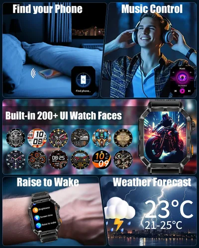 Miniatura 9 de Military Smarty Watch for Men, 2.01" Smartwatch with 1200mAh Battery, Flashlight, Answer/Make Calls, Heart Rate/Sleep Monitor 100+ Sport Modes Steel