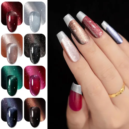 YTD Likomey Juego de esmaltes de uñas de gel Cat Eye, 8 colores de verano con purpurina magnética de cristal con barra magnética, plateado, verde,