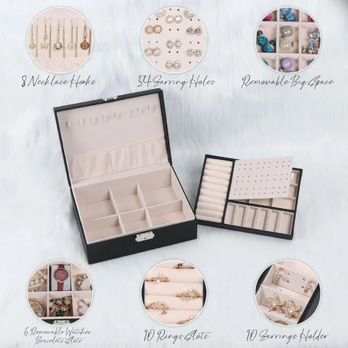 Miniatura 17 de Joyero para mujeres y niñas, contenedor organizador de joyas de 2 capas con cerradura, estuche de almacenamiento de piel sintética con bandeja