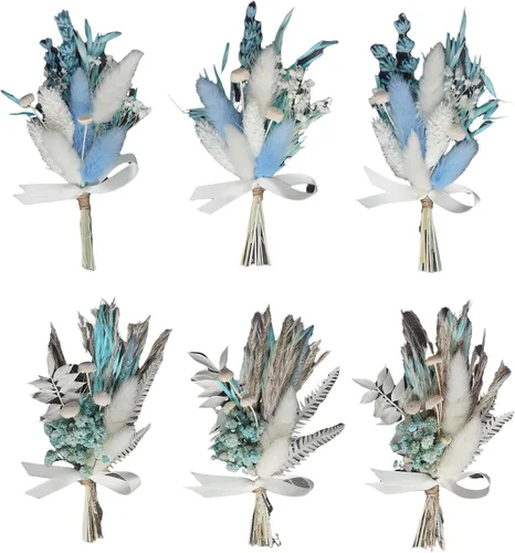 Mini Set de Ramo de Flores Secas (6 piezas), Ramo Azul Pequeño, Decoración de Plato de Cena de Boda Boho, Boutonnieres para el Novio y el Mejor