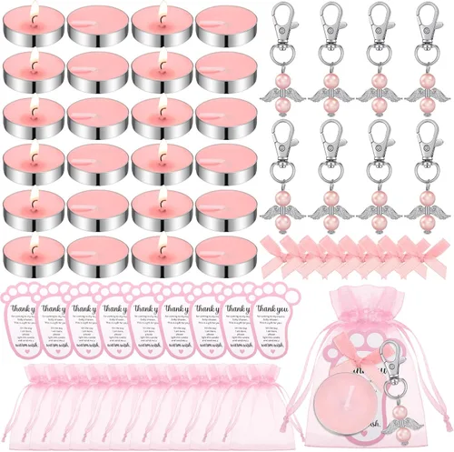Miniatura 7 de Landical 50 juegos de regalos de baby shower para invitados, incluyendo 50 velas de té sin perfume, 50 llaveros de ángel, 50 bolsas de regalo, 50