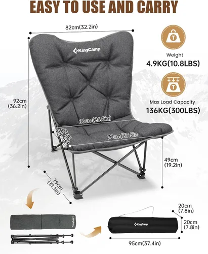 Miniatura 3 de KingCamp Silla de mariposa XL de gran tamaño para adultos, sillas de campamento acolchadas plegables cómodas, 300 libras, resistente con respaldo