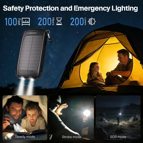 Miniatura 6 de Banco de energía solar de 20000 mAh, cargador portátil negro con salidas USB-C y USB-A, batería de reserva de emergencia, linterna LED, para iPhone
