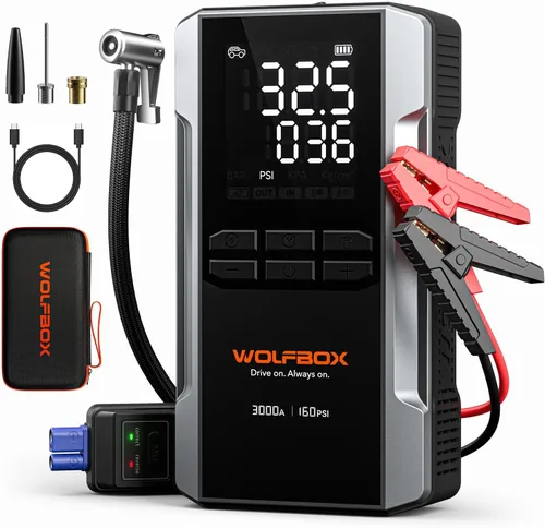 WOLFBOX Arrancador de 3000 A con compresor de aire, batería portátil de coche de 59.2 Why 160 PSI con carga rápida de 65 W, batería de 12 V (motor