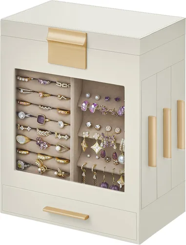 SONGMICS Joyero con ventana de cristal, organizador de joyas de 5 capas con 3 cajones laterales, almacenamiento de joyas, con espejo grande,