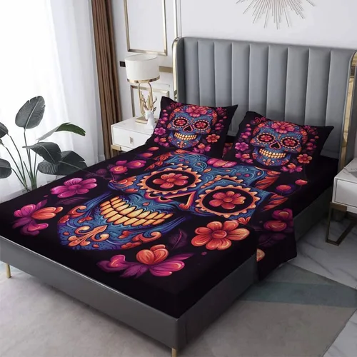 Miniatura 11 de Juego de sábanas tamaño Queen – Sábanas de cama con diseño de calavera de azúcar, sábanas y fundas de almohada, microfibra suave, bolsillo profundo