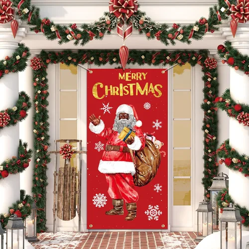 Miniatura 7 de SENSEVEN Cartel de puerta de Feliz Navidad – Cubierta grande de árbol de pino de invierno, muñeco de nieve roja, telón de fondo de bienvenida