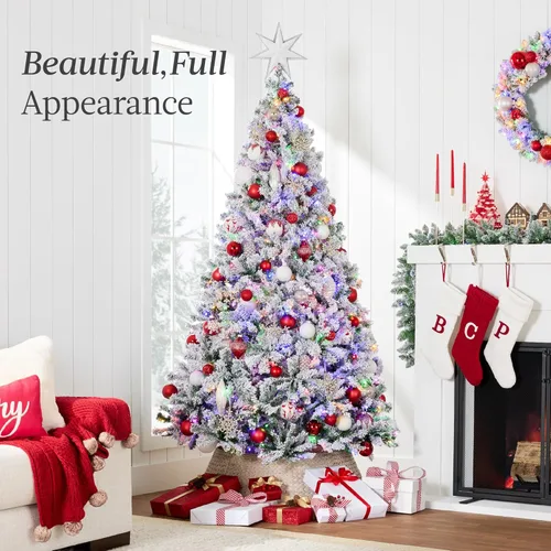 Miniatura 3 de Best Choice Products - Árbol de Navidad artificial preiluminado de pino flocado de 9 pies, 2-en-1, luces LED blancas y multicolor, apariencia Verde
