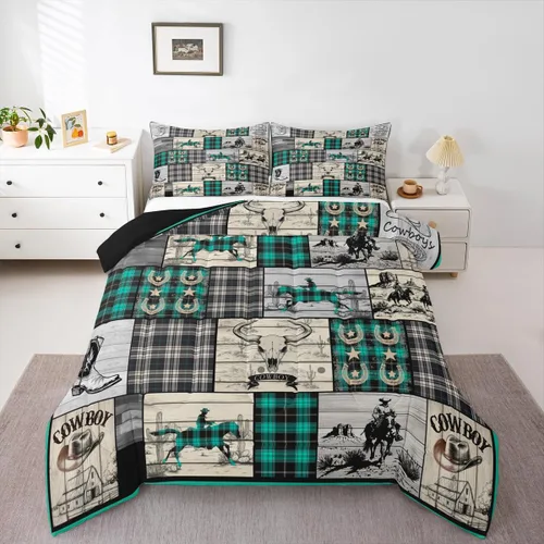 Miniatura 44 de Juego de edredón de vaquero, tamaño King, juego de ropa de cama de herradura con estrellas del oeste de Texas para adultos, hombres y niños, ropa