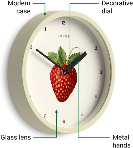 Miniatura 5 de JONES CLOCKS® Reloj de pared de frutas Reloj redondo pequeño 8 pulgadas Crema Arte botánico ilustrado de fresa Ideal para cocina y comedor.