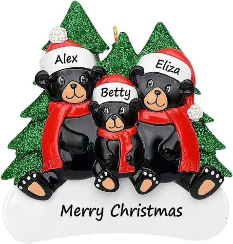 Miniatura 8 de MAXORA Adorno de Navidad personalizado para parejas 2026 – Adorno personalizado de familia de 2 de oso negro con nombres, decoración de árbol
