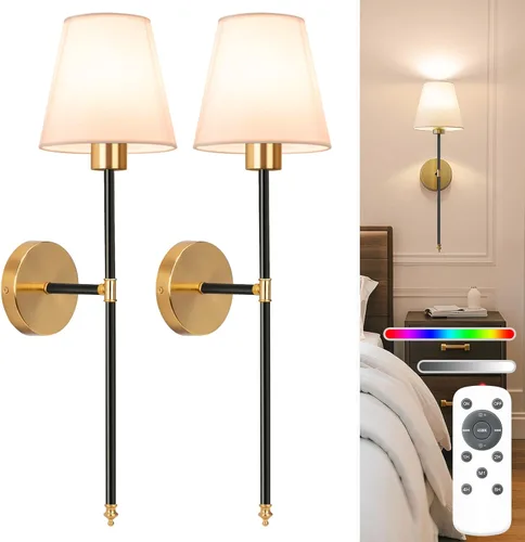 Miniatura 16 de NIORSUN Juego de 2 apliques de pared con pilas de 13.8 pulgadas, luces de pared recargables negras con bombillas desmontables regulables de 10400