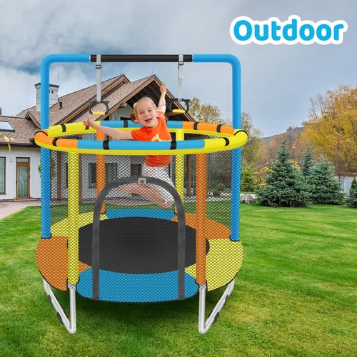 Miniatura 8 de Trampolín para niños de 1 a 8 años, trampolín pequeño de 55 pulgadas con red de seguridad y barra de gimnasia ajustable, mini trampolines para bebés