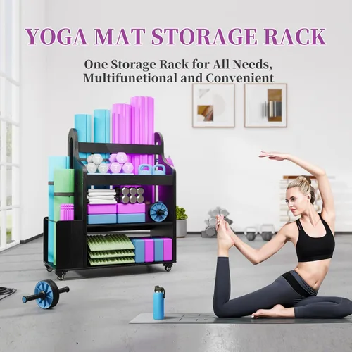 Miniatura 6 de Estante de almacenamiento para gimnasio en casa, soporte para esterilla de yoga con ruedas y ganchos, almacenamiento de entrenamiento todo en uno