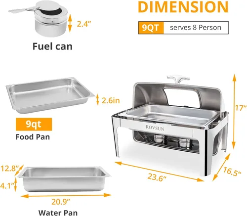 Miniatura 8 de ROVSUN Juego de 3 platos de bufé con tapa enrollable, 9 cuartos de galón de acero inoxidable NSF rectangular para catering, servidores de bufé