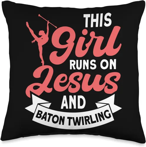 Baton Twirler Majorettes Baton Twirling Girl Gifts This Girl Runs on Jesus and Baton Twirling Pillow (16 x 16 pulgadas), multicolor