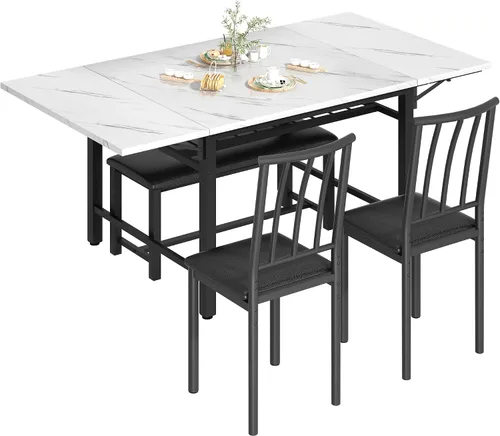 Miniatura 9 de AWQM Mesa de comedor de 4 piezas de mármol sintético con estante de almacenamiento, juego de mesa de rincón de desayuno que ahorra espacio con 2