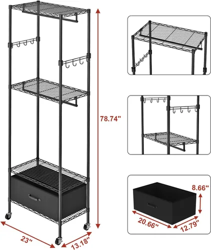 Miniatura 2 de VyGrow Perchero de Ropa, Perchero de Ropa para Colgar Ropa, Sistema Organizador de Armario Ajustable de 4 Niveles con Cajón Varillas Dobles