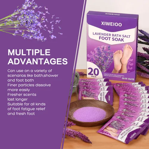 Miniatura 5 de Sales de remojo de pies con sal de Epsom para remojar lavanda kit de pedicura para baño de pies, paquete de 20 sales marinas de baño, pedicura