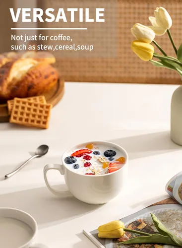 Miniatura 2 de Teocera Juego de 4 tazas de café grandes de 16 onzas, tazas de porcelana blanca gruesa para capuchino, café con leche, té y chocolate caliente