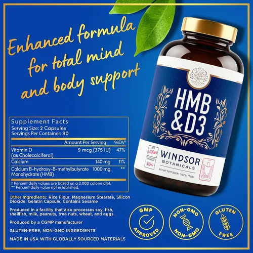 Miniatura 5 de Suplemento de HMB y vitamina D3 – Crecimiento muscular, fuerza, rendimiento y recuperación – B-hidroxi B-metilbutirato, calcio D3 Plus, suplementos