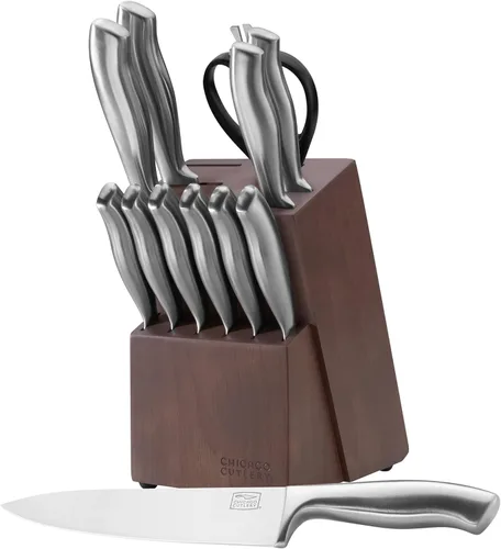 Chicago Cutlery Insignia - Juego de cuchillos de cocina (13 piezas) con bloque de madera, asas contorneadas y tijeras de acero inoxidable afilado