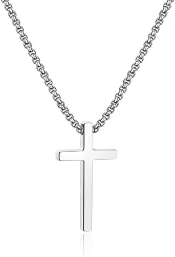 Ursteel - Collar con dije de cruz de acero inoxidable para hombre, cadena de eslabones cuadrados de 16 a 30 pulgadas, color plateado, negro, dorado