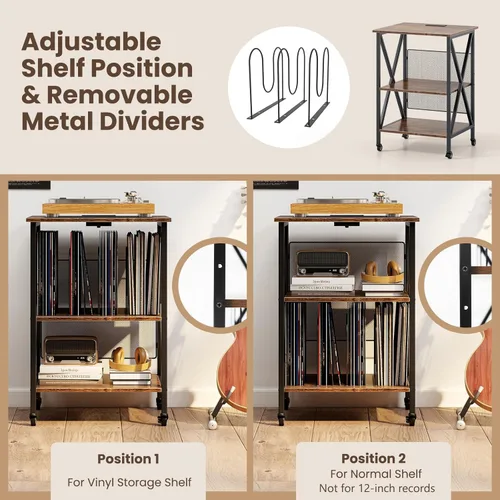 Miniatura 5 de Giantex Soporte para tocadiscos con estación de carga, soporte para tocadiscos con almacenamiento de discos y 4 ruedas rodantes, mesa