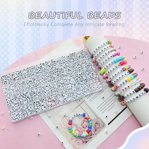 Miniatura 7 de Amaney - 1600 piezas, cuentas de letras acrílicas de 4 x 7 mm, blancas, A-Z, 31 estilos para hacer joyería, pulseras, collares, llaveros Blanco