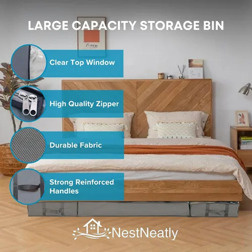 Miniatura 5 de NeatNestly SmartCube Bolsas de Almacenamiento Bajo la Cama - Paquete de 3 Contenedores Grandes Grises de 39" x 18" x 6" con Asas Reforzadas
