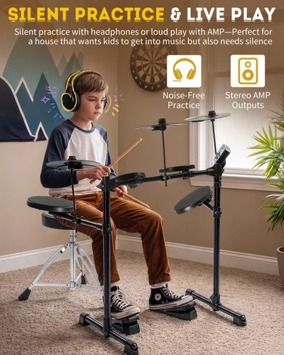 Miniatura 2 de Ktaxon Juego de batería eléctrica, batería electrónica con carga tipo C, USB MIDI, almohadillas silenciosas, platillos premium, pedales, trono